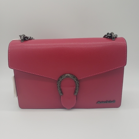 417- Marina Galanti Crossbody Bag Genuine Italian Leather Fuchsia Color NWT - Picture 1 of 15